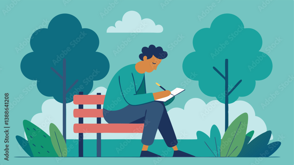 Poster creative writing session a writer with a notepad and pen sitting on a bench in a park deep in though