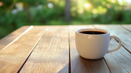 Coffee cup on a wooden table, radiating warmth and simplicity, evoking a sense of calm and morning serenity.
