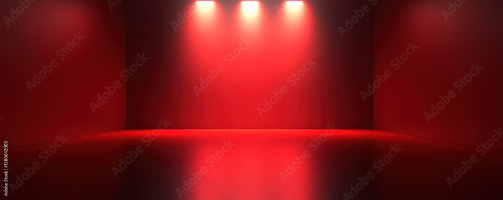 Poster a dimly lit red room with three spotlights illuminating the space. the room is empty and the lights 