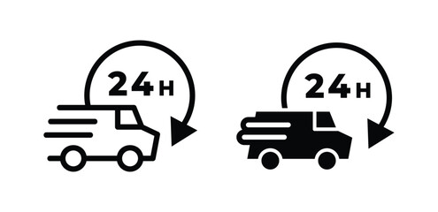 24 Hour Delivery Truck Icons Black And White Color Vector Design