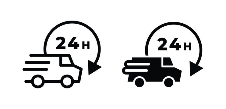 24 Hour Delivery Truck Icons Black And White Color Vector Design