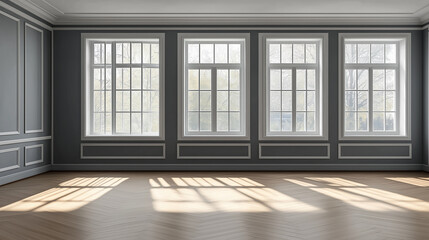 Fototapeta premium Sunlight illuminating empty room with classic gray walls and parquet