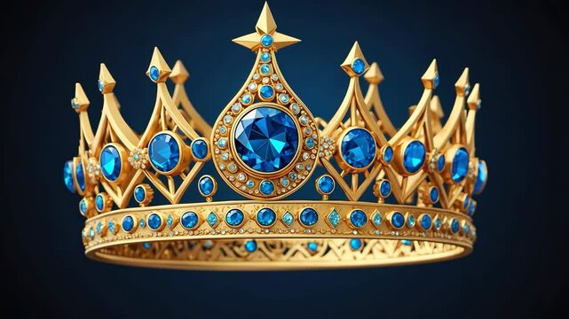 Exquisite golden crown adorned with vibrant blue gemstones, on a contrasting dark backdrop