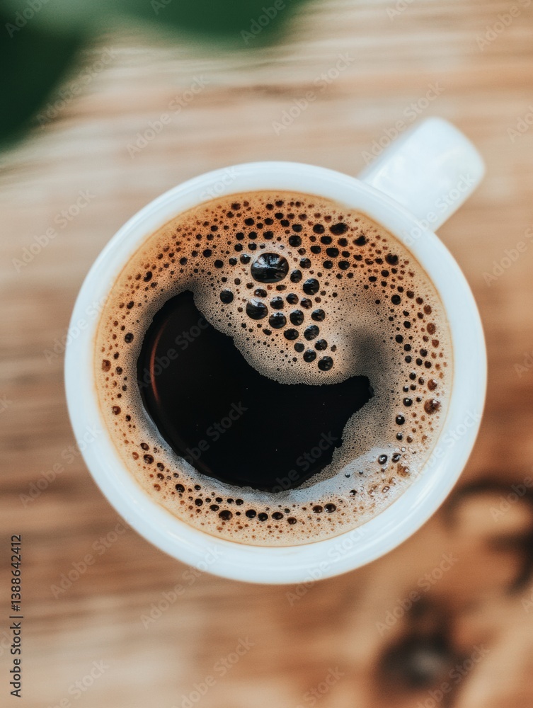 Poster top-down view of a white ceramic coffee cup filled with rich black espresso on a soft neutral backgr