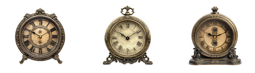 Collection of vintage brass table clock with intricate details and a slightly aged finish isolated on a white or transparent background.