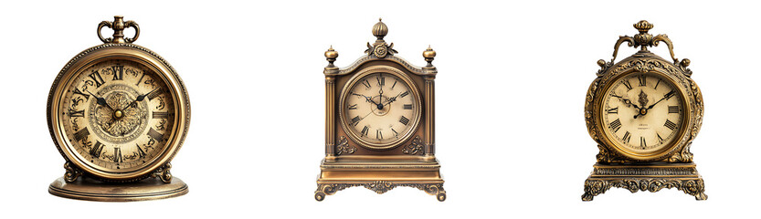 Collection of vintage brass table clock with intricate details and a slightly aged finish isolated on a white or transparent background.