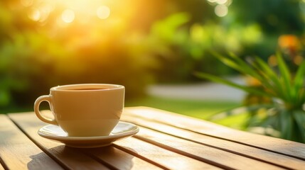 Coffee cup on a wooden table, radiating warmth and simplicity, evoking a sense of calm and morning serenity.
