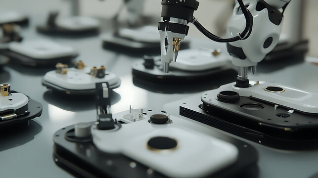 Cutting edge robotic arms assembling smart home devices in a high tech electronics facility, robotic arms fitting sensors, cameras