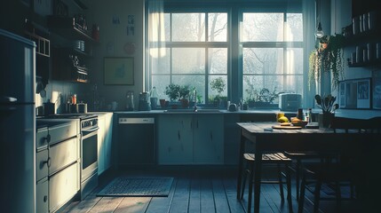 A cozy, sunlit kitchen with wooden accents and a warm, inviting atmosphere.