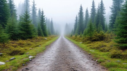 Fototapeta premium A gravel road winds through a misty forest. Tall evergreen trees line both sides, creating a tunnel-like effect. The image is high-resolution, showcasing detail in the foliage and road. The style is