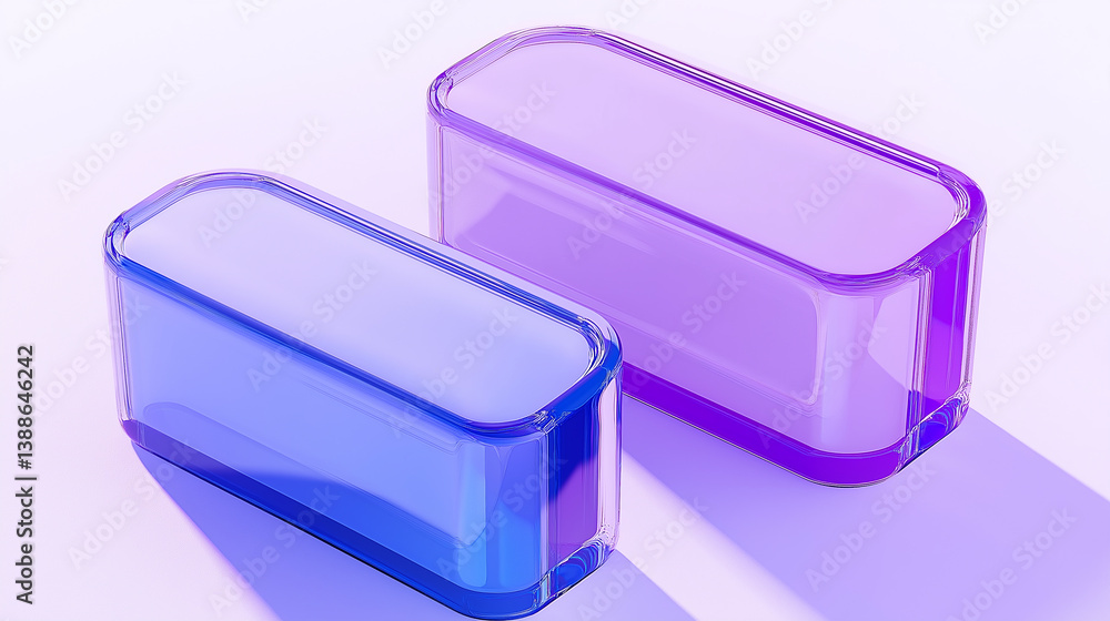 Poster two empty glass containers reflecting light on white surface