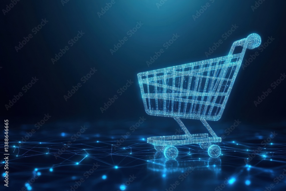Fototapete Futuristic shopping cart icon illuminated by glowing lines set against a deep blue gradient background for enhanced e-commerce experience