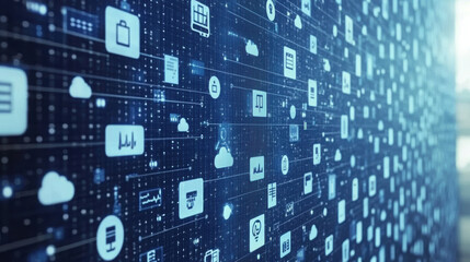 digital representation of interconnected cloud icons and data symbols, illustrating concept of cloud computing and data management in modern technological environment