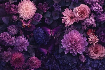 An artistic close up displays beautiful colorful flowers and delicate butterflies