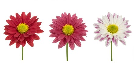 Three vibrant chrysanthemum blooms against a pristine white backdrop, floral elegance
