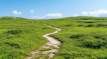 Fototapeta premium A winding dirt path traverses a vibrant green field under a clear blue sky. The path leads towards a gently sloping hill. The image is sharp and well-lit, showcasing a bright, peaceful mood. The col
