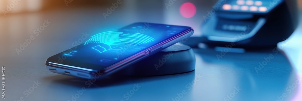 Leinwandbilder sleek smartphone showcasing nfc payment feature near modern pos terminal with soft blue gradient in 