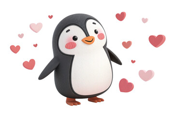 Fototapeta premium Adorable cartoon penguin with rosy cheeks and hearts kawaii style on transparent background - generated by ai
