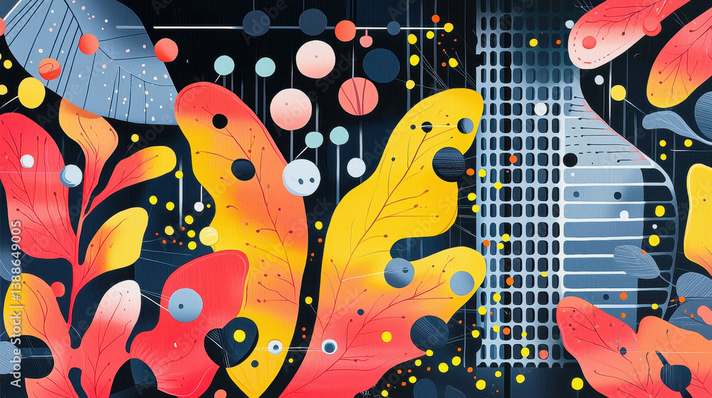 Poster abstract illustration featu stylized flora and geometric patterns with ample copy space ideal for wi