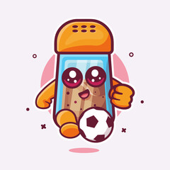 cheerful black pepper bottle character mascot playing football isolated cartoon