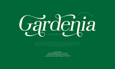 Gardenia Elegant Font Uppercase Lowercase And Number. Classic Lettering Minimal Fashion Designs. Typography modern serif fonts regular decorative vintage concept. vector illustration