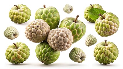 Fototapeta premium A Collection of Fresh Cherimoya Fruits in Mid Air Against White Background