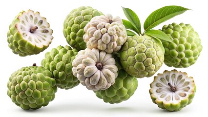 Fototapeta premium A Closeup View of Multiple Cherimoya Fruits Some Cut in Half with Green Leaves