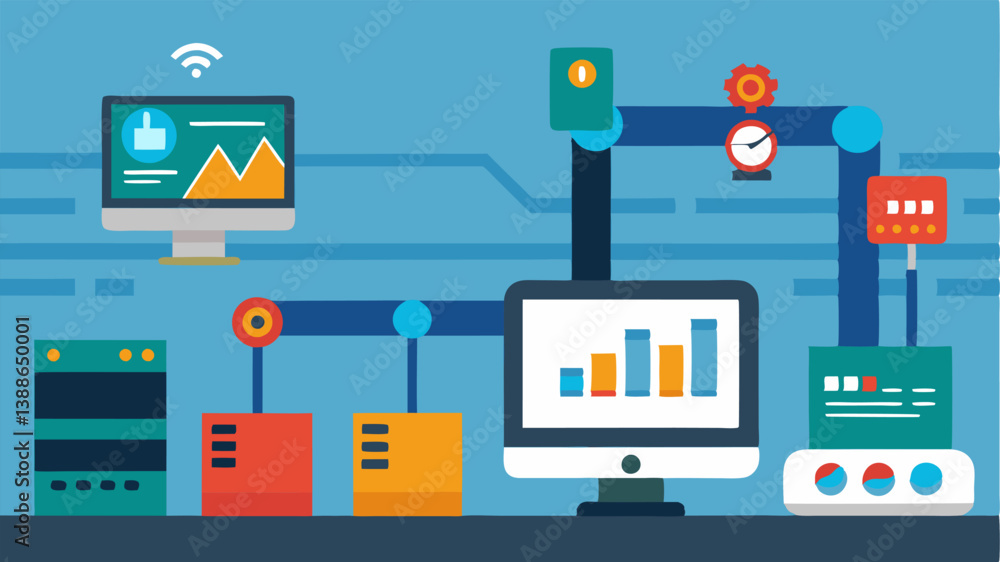 Poster realtime manufacturing analytics depict a production line with sensors on machinery that analyze equ