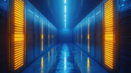 Fototapeta premium Data center hallway with server racks illuminated in a futuristic environment