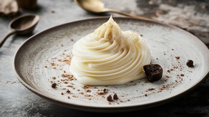 Soft and fluffy whip of cream with delicate ripples garnishing a decadent mousse on a refined plate