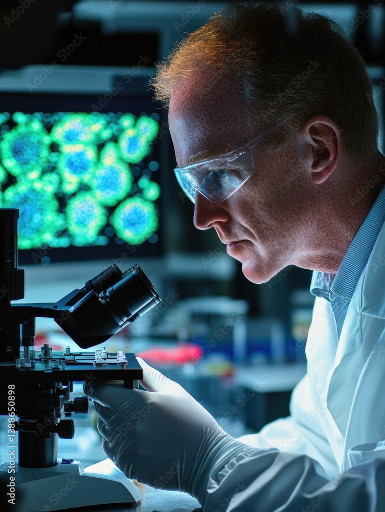 Poster scientist examines virus structure in a laboratory with advanced equipment and sterile atmosphere