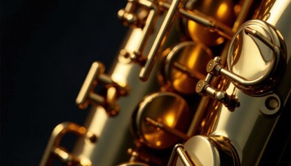 Obraz premium Gleaming golden alto sax, close-up detail Shiny keys, musical instrument , metallic, gleaming, sax