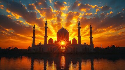 Ornate building silhouette, radiant sunset, water reflections