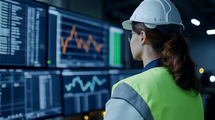 A woman in a hard hat and safety vest analyzes data on multiple screens in a high-tech environment, showcasing modern industry practices.