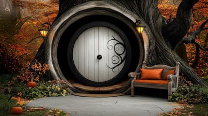 Autumnal Fantasy Scene Round Door in Tree Trunk with Orange Bench