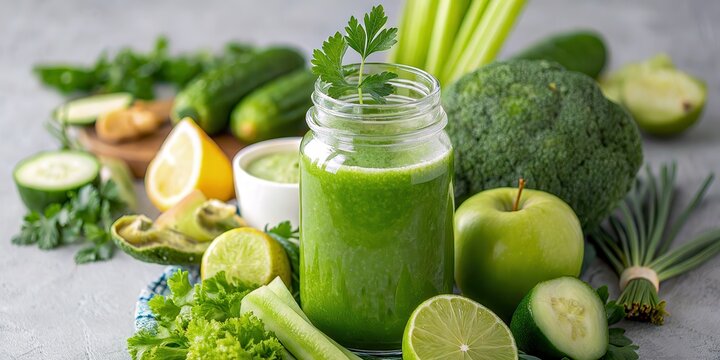 Craft a refreshing Green smoothie This healthy blend of vegetables & fruits, featuring cucumber, celery, broccoli, apple, and lemon, delivers a vibrant, nutritious boost.