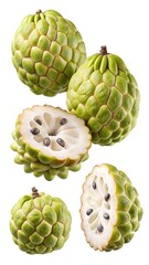 Fototapeta premium Closeup of multiple cherimoya fruits some whole and some cut in half showing the seeds inside against a white background