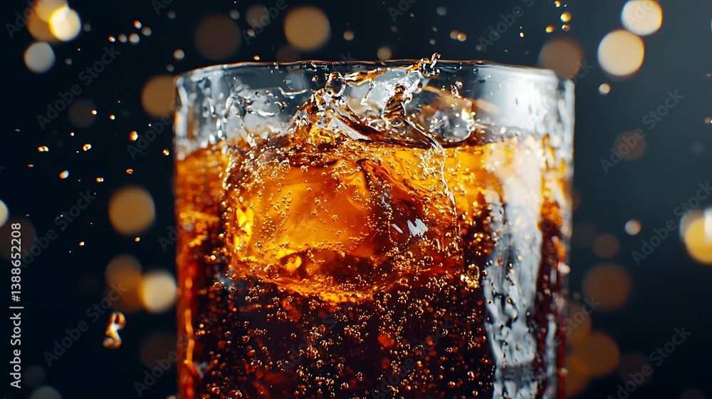 Poster a close-up of a glass filled with cola, showcasing ice cubes and splashes, set against a bokeh backg
