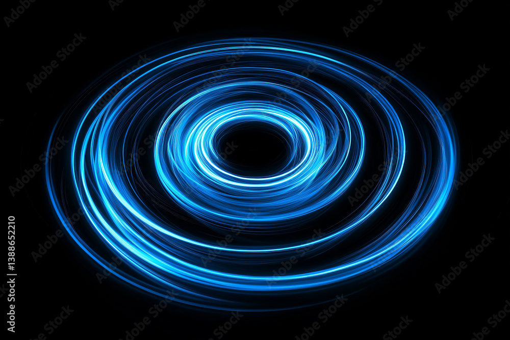 Poster swirling blue light trails creating concentric circles on black background