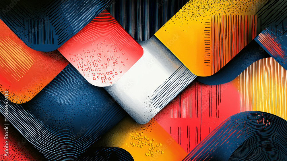 Poster vibrant overlapping geometric shapes in red orange yellow blue and white creating dynamic textured p