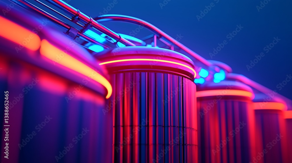 Poster a vibrant display of illuminated cylindrical structures with neon highlights, creating a futuristic 