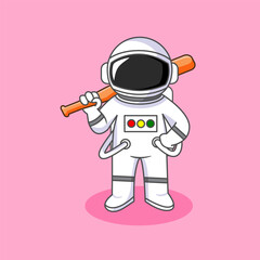 Cute Astronaut Holding Baseball Bat Vector Illustration Cartoon Design