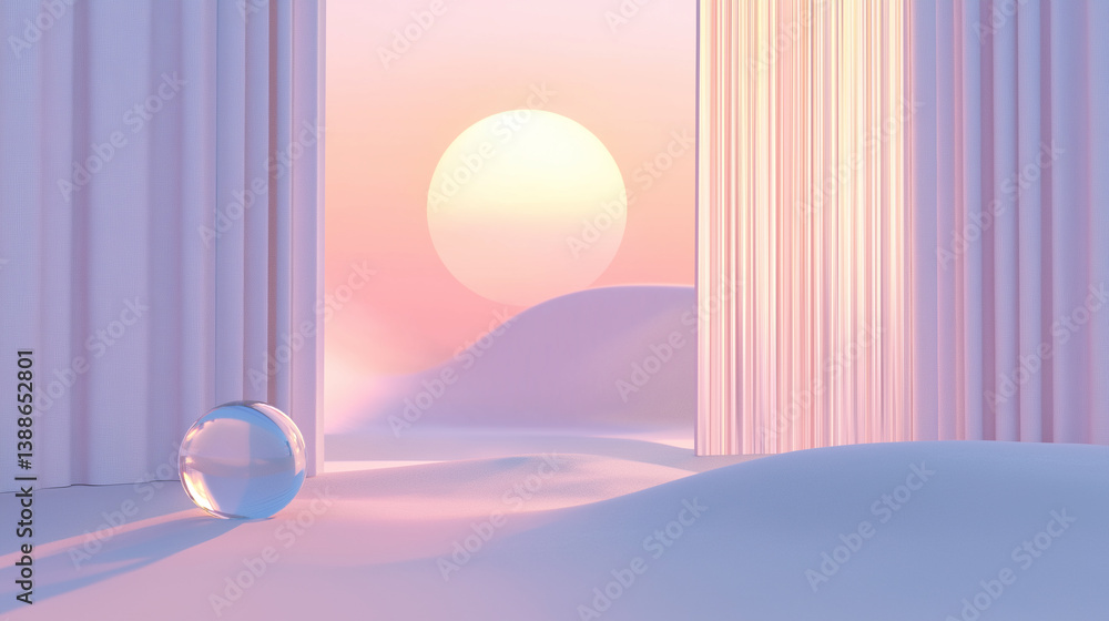 Aufkleber glass sphere rests on iridescent surface with curtains and sunset in background