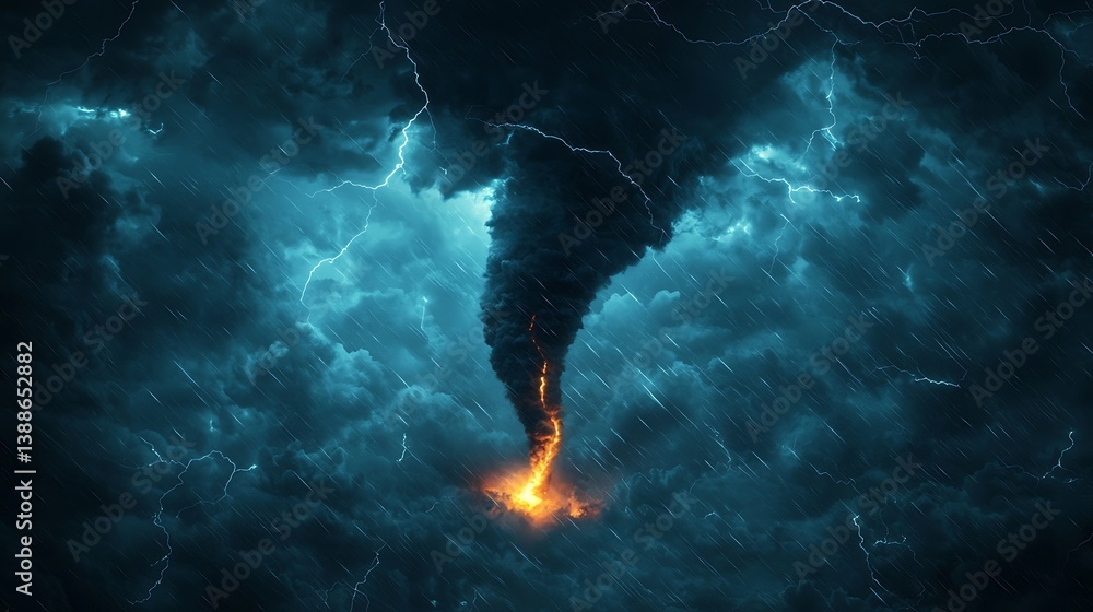 Poster a dramatic funnel cloud twists through dark storm clouds, illuminated by flashes of lightning and a 