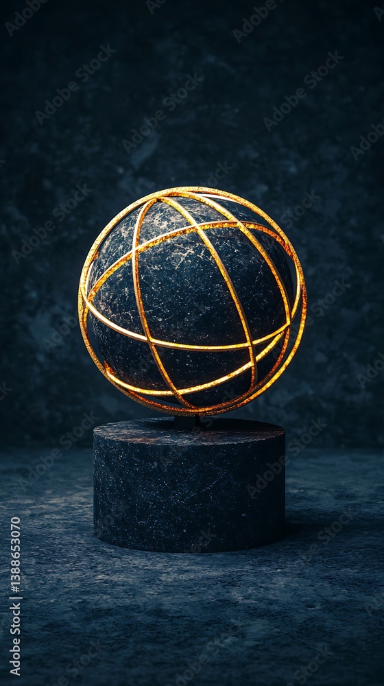 Poster a glowing globe levitating above a dark pedestal, creating an intriguing visual contrast against a t