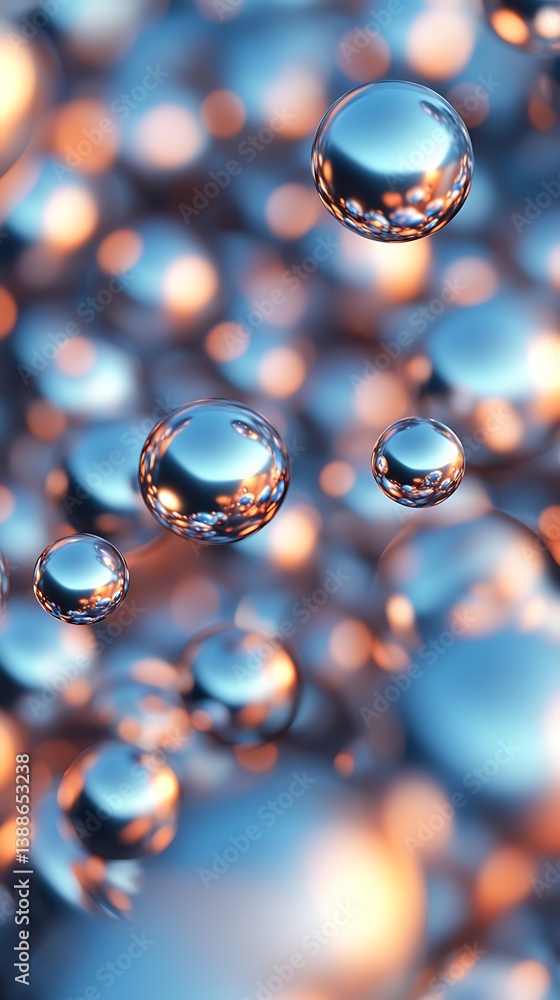 Poster a close-up view of shimmering water droplets suspended in the air, capturing light and reflections, 