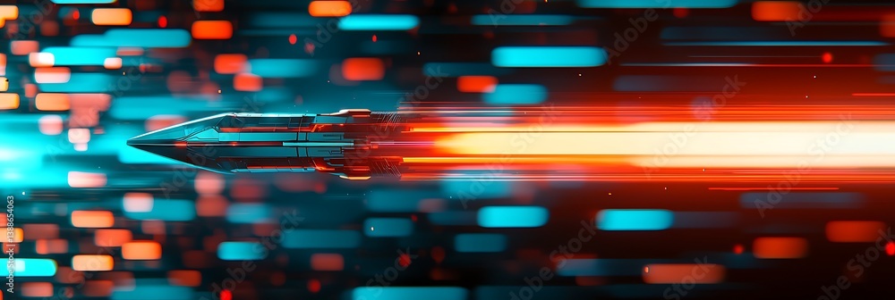 Poster a dynamic, futuristic image of a rocket or spaceship propelling through a vibrant, abstract backgrou
