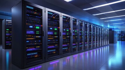 Rows of server racks illuminate a data center environment