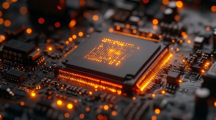 Glowing circuit board with warm orange lights accentuating the central processor