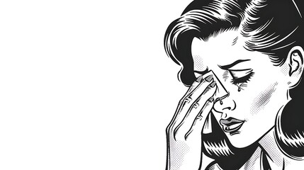 Dramatic comic book frame of a woman wiping a tear with a handkerchief, mascara slightly smudged, halftone print style on clean white background, 8k UHD, suitable for high-quality printing or 